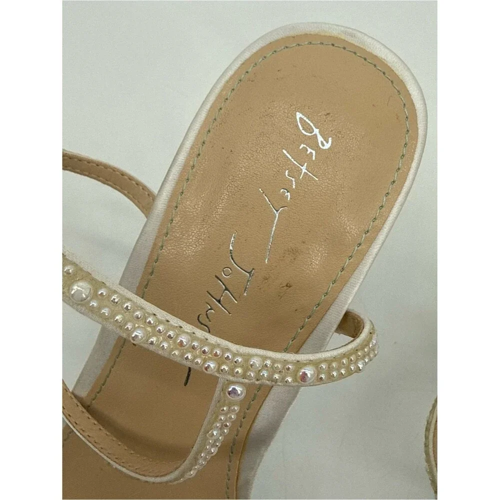 Betsey Johnson Pearl Rhinestone Satin Ankle Strap Heels Size 7.5 SB-PIPRR